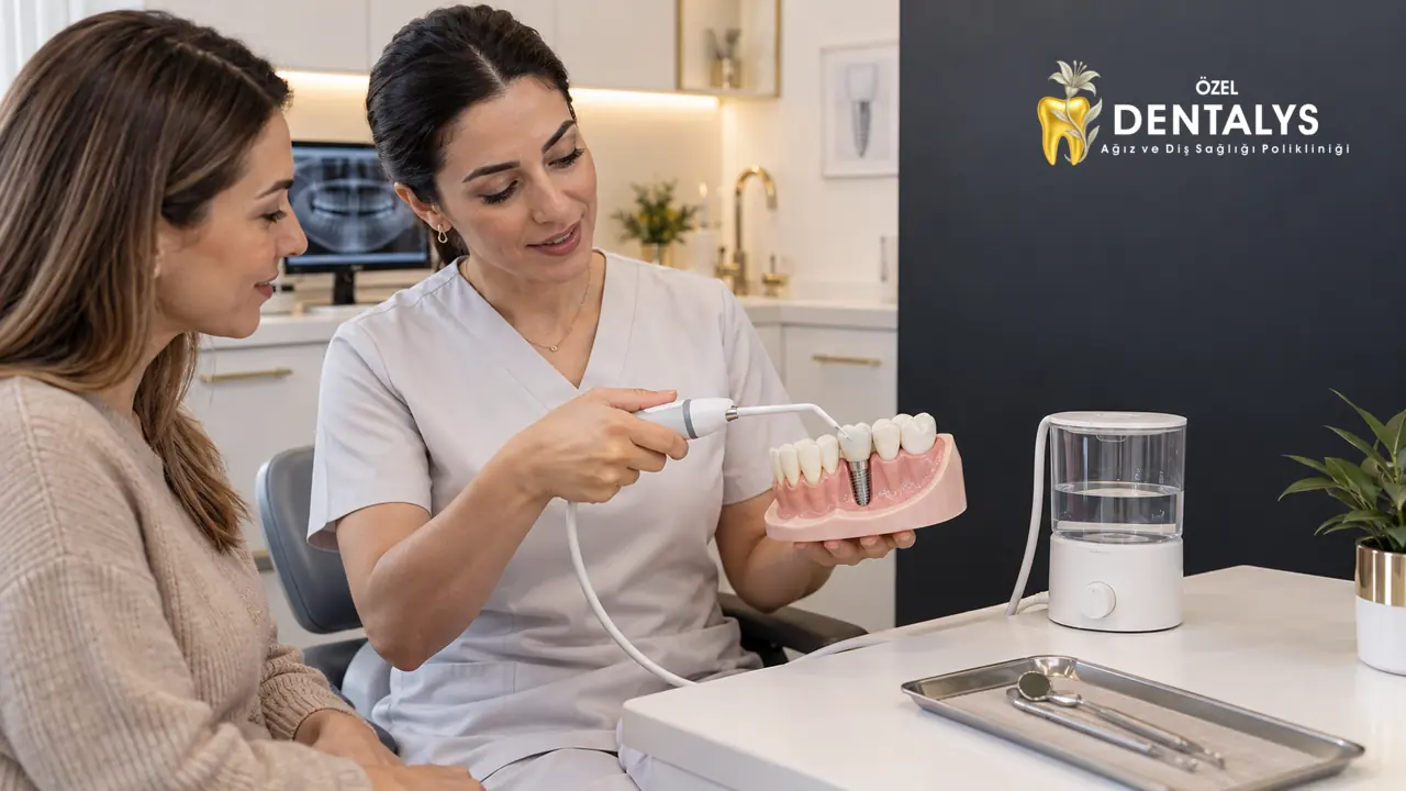Diş hekiminin implant ve köprü çevresinde ağız duşu kullanımını göstermesi