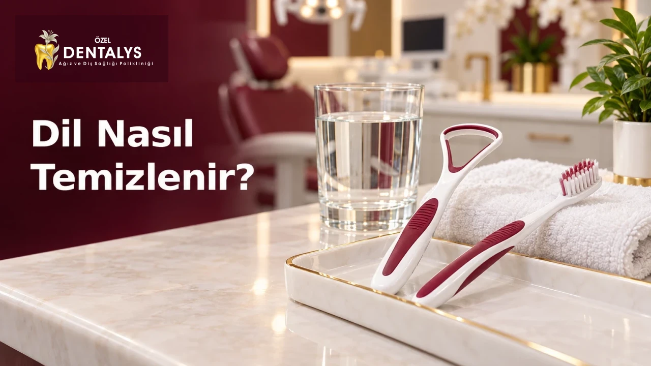 Dil temizliği için hazırlanmış dil temizleyici ve yumuşak kıllı fırça